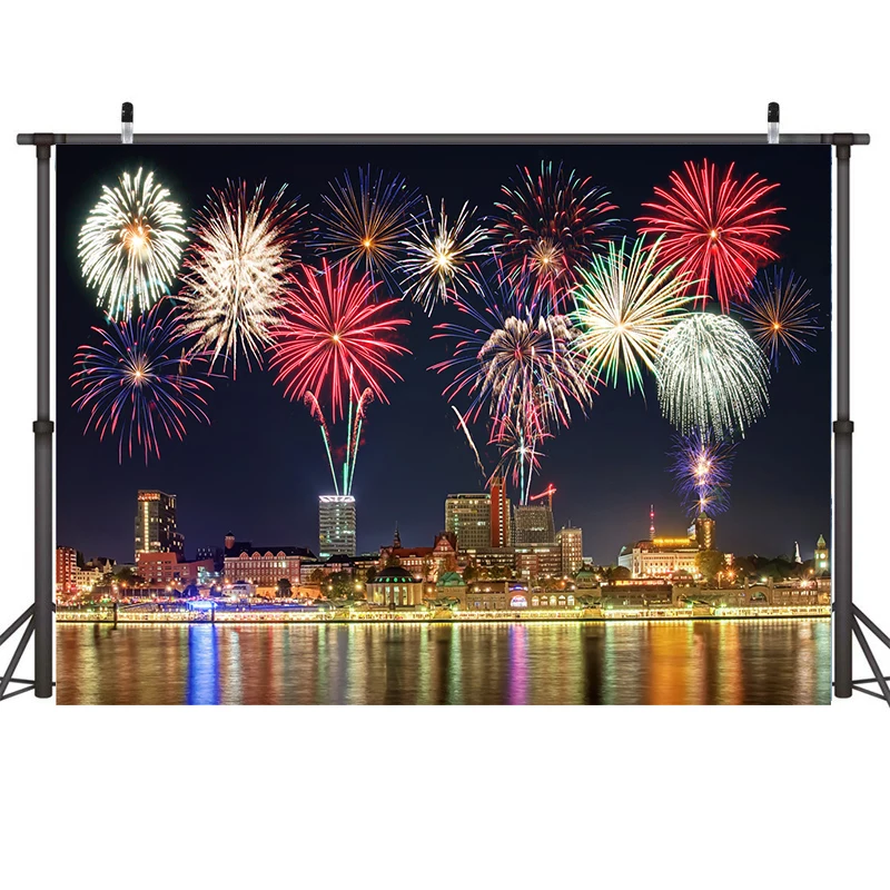 

Nitree Photography Background Photo Studio Backdrop Christmas City Lake Colorful Fireworks Xmas Party Banner Decoration