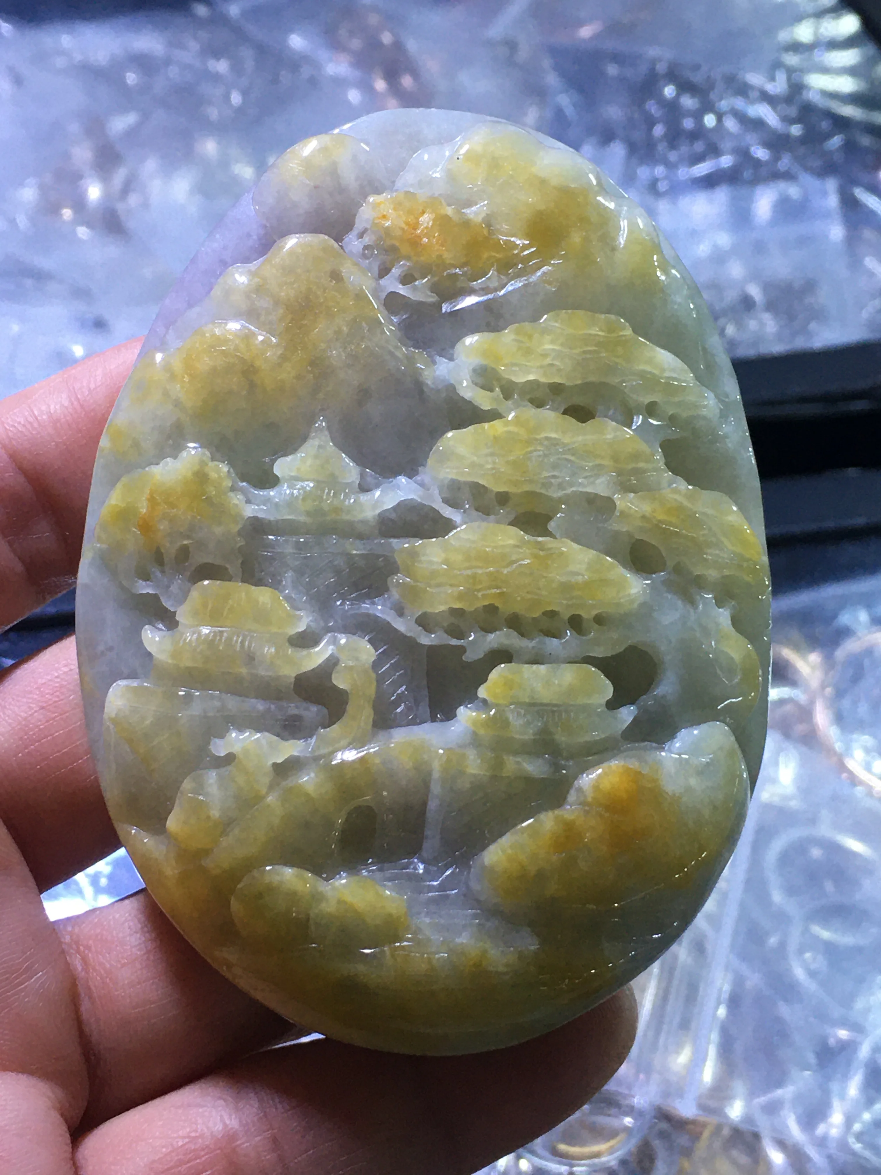 

Natural Myanmar jade A HandCarved landscape jadeite yellow violet jade pendant jade necklace pendants jewelry jade necklaces