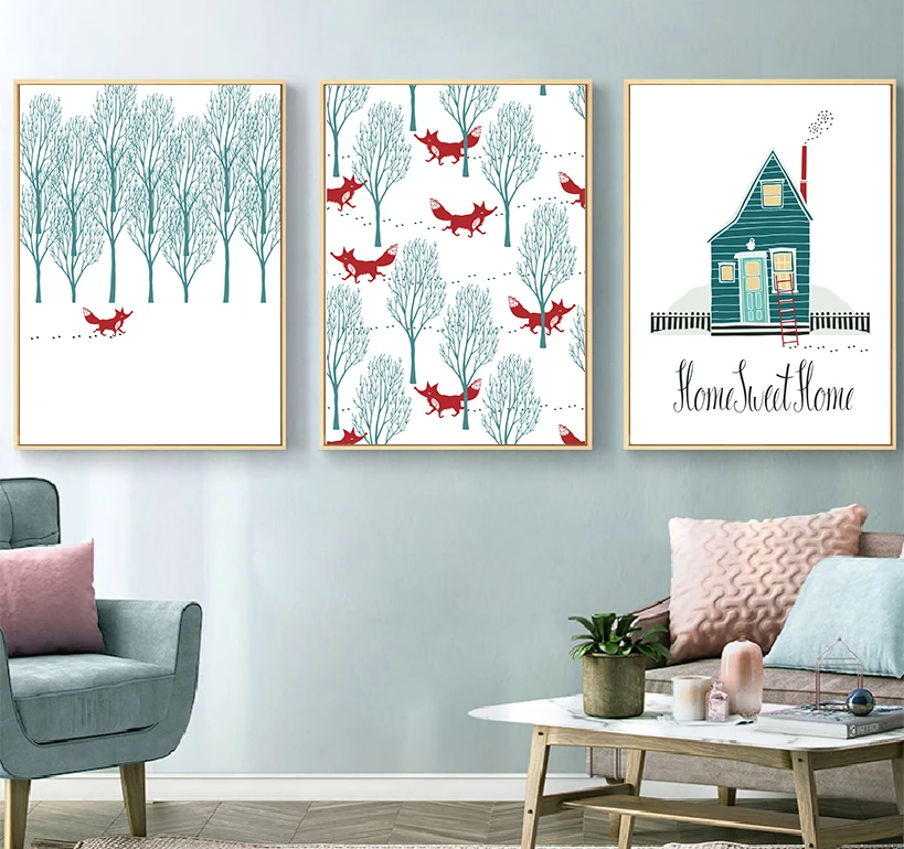 Настенные забавные постеры с изображением леса красной лисы Мультяшные картинки