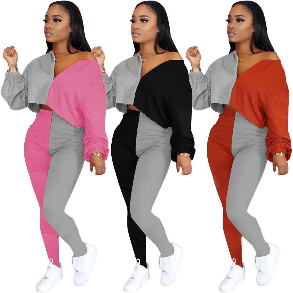 

Women 2 Piece Outfits Long Sleeve Off Shoulder Crop Top Pants Set Casual Jumpsuit Autumn long Sleeve Pure legging
