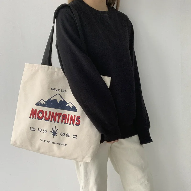 

Women's Canvas Tote Bag Korean Shopper with Mountain Print Student Shoulder Cotton Cloth Shopping Bag Eco Foldable Handbag