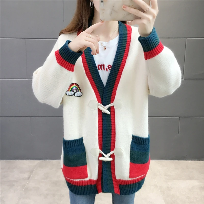 

Women Autumn Winter Long Sleeves Knitted Cardigan Sweater Double-breasted Horn Button Stitching Color Casual Coat Mid-length Loo