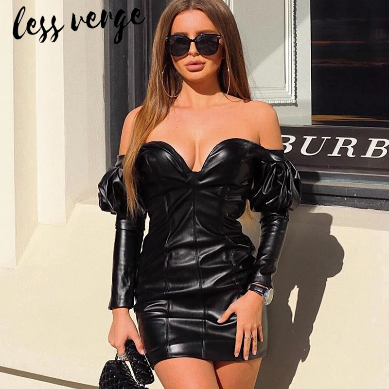 Lessverge осеннее черное платье из искусственной кожи с открытыми плечами женские