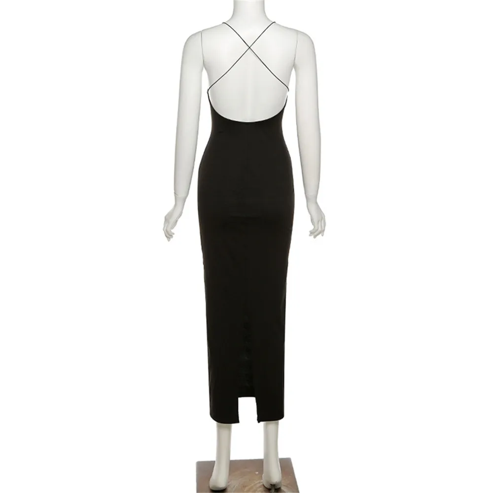 

Women Sexy Backless Split Dress Summer Fashion Slim One Shoulder Party Long Dress Club Black Gown Female Outfits Clothing 2021