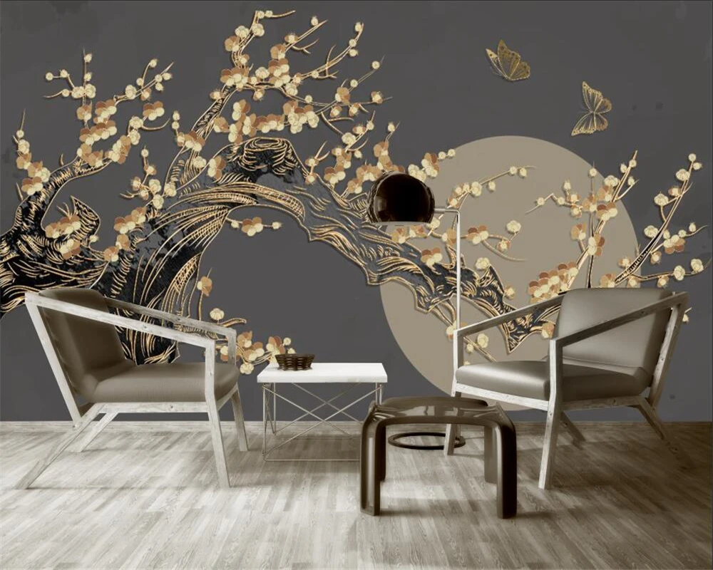 Пользовательские обои фрески в китайском стиле цветение сливы яркая луна