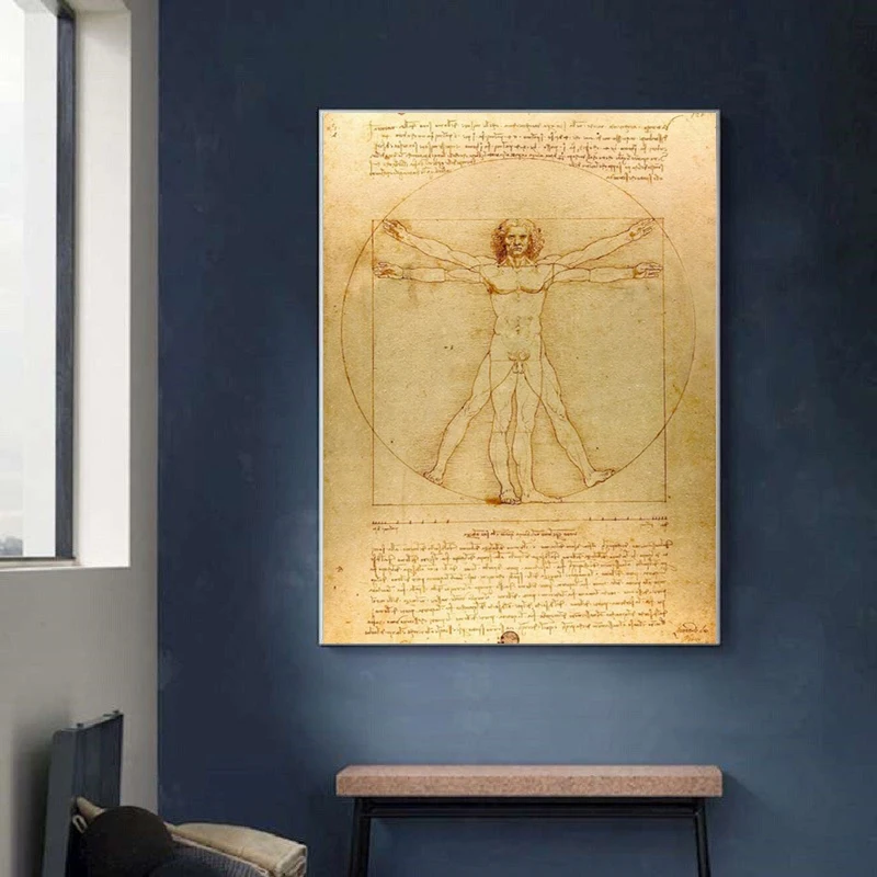 

Classical Famous Painting Vitruvian Man, Study of Proportions by Leonardo da Vinci, Poster Prints Wall Art Canvas Painting Decor