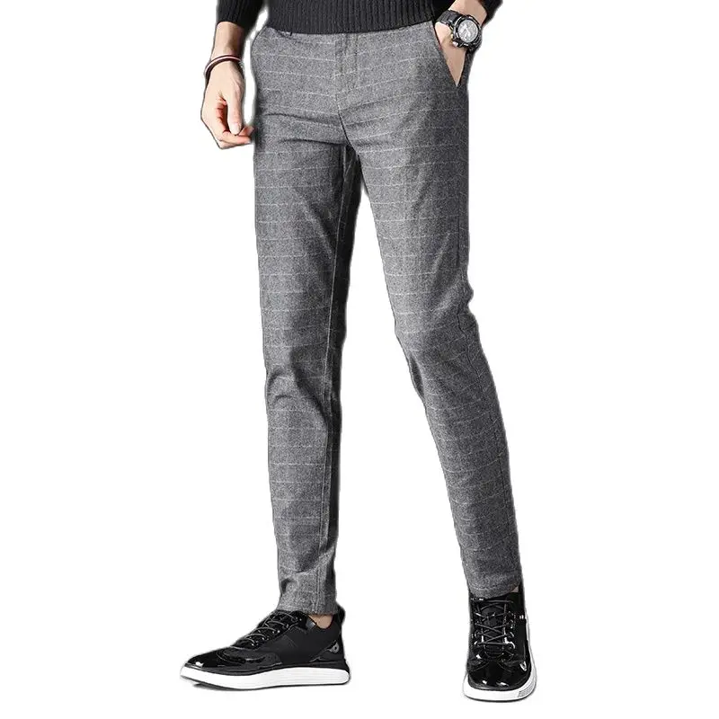 Брюки мужские Стрейчевые в клетку модные повседневные приталенные штаны