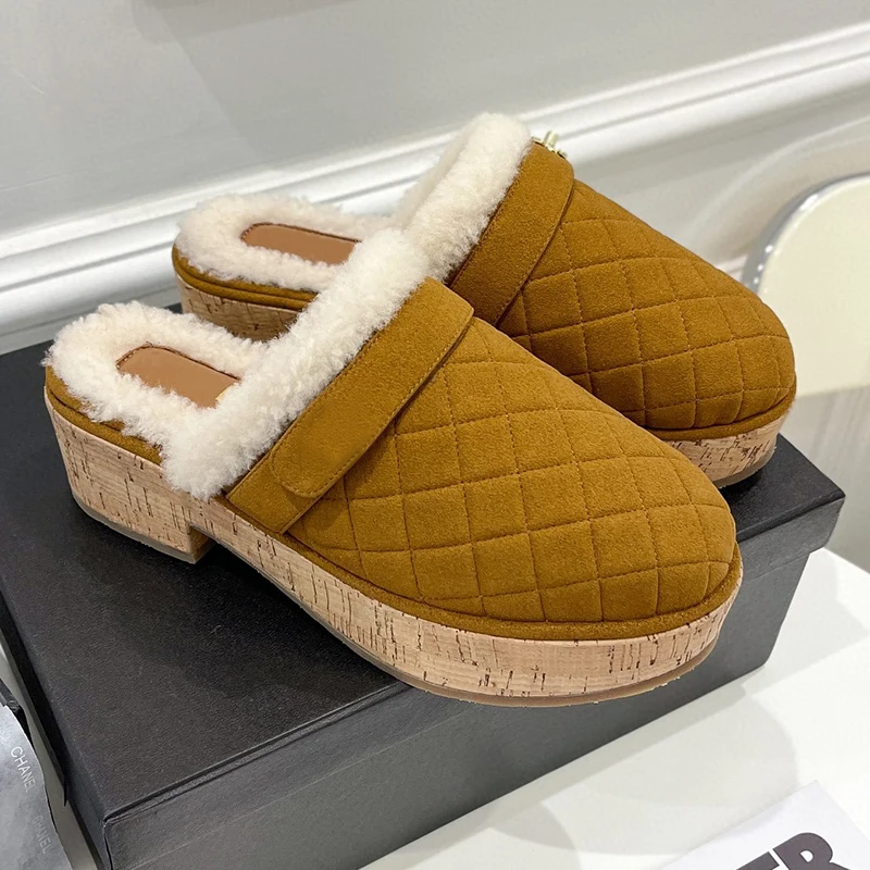 

Роскошные Брендовые женские шерстяные шлепанцы на платформе, женские уличные Шлепанцы из натуральной кожи, дизайнерская обувь из овечьей ш...