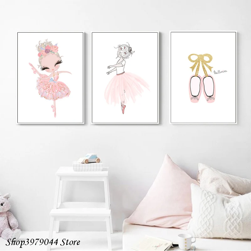 

Ballerina Dancing Girl Wall Art Pink Shoes Nursery Print Ballet Poster Dance Skirt Watercolor Painting Decorative Home Baby Room