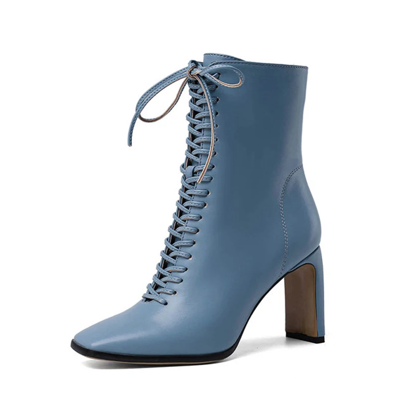 

FOREADA Extreme High Heel Woman Boots Thick Heel Mid Calf Boots Lace Up Square Toe Shoes Zipper Lady Boots Autumn Blue Size 43