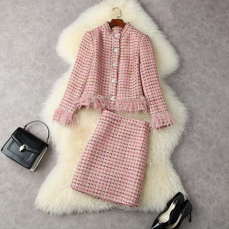 European and American women's clothing winter 2022 new Long-sleeved single-breasted coat feathered fringe skirts Tweed suit
