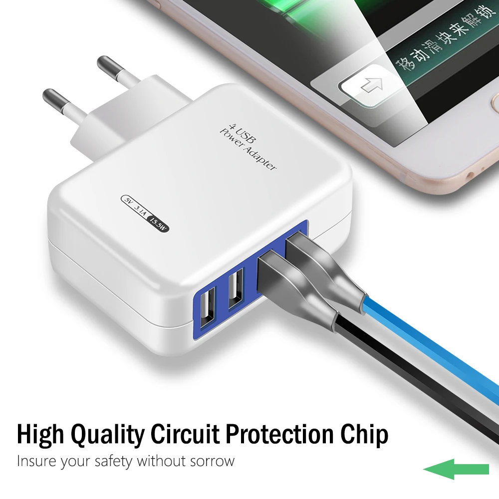 4Ports USB Smart Charger EU Plug Multiple Wall Adapter Mobile Phone Device 5V 3A Charge Fast Charging For iPhone Android tpye c |
