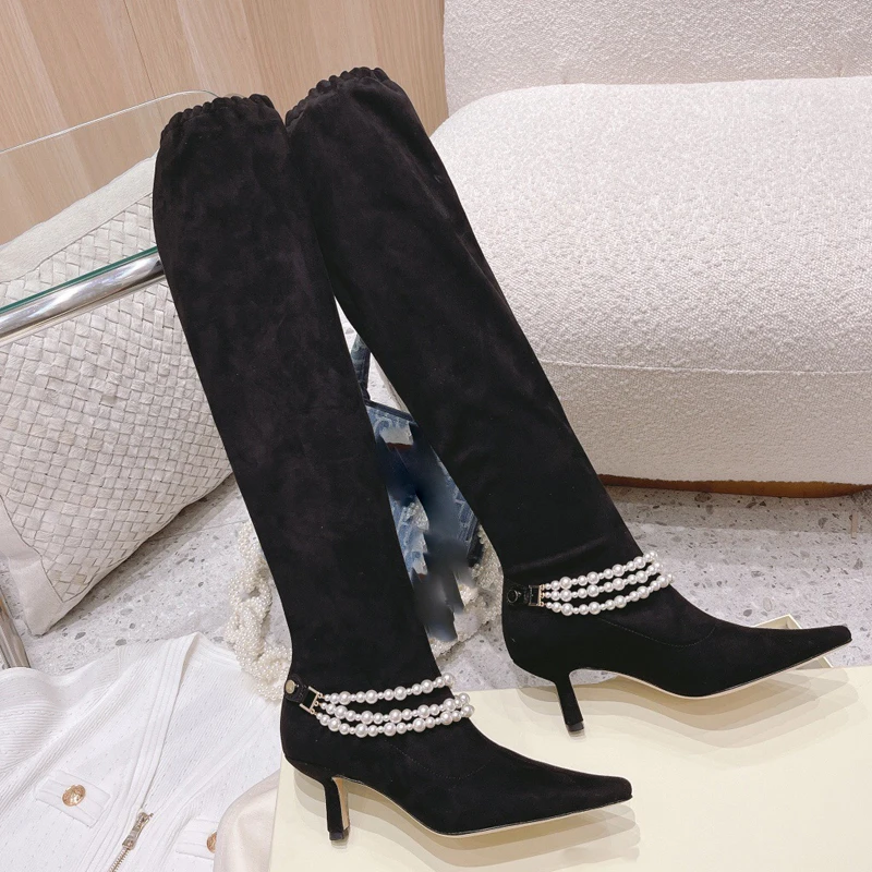 

Brand Autumn and Winter Boots Women Knee High Pearl Chain Highs Heels Shoes Female Banquet Party High Quality Free Shipping