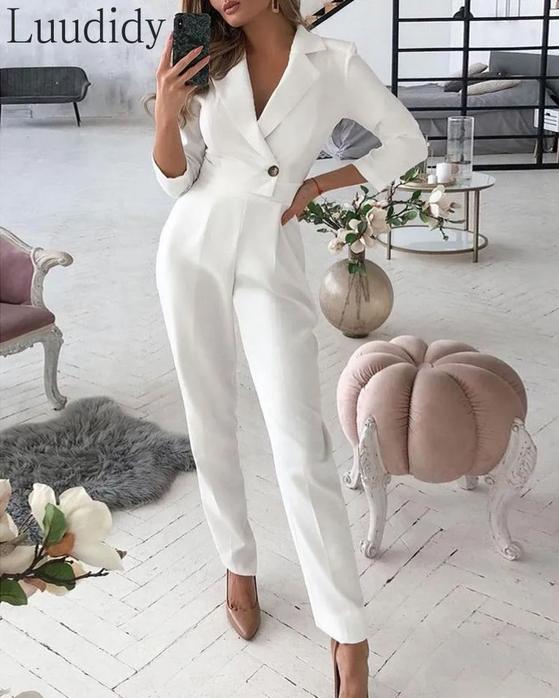 

Women Elegant Office Lady Solid Color Long Sleeve Jumpsuit
