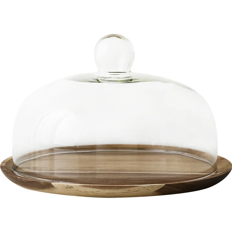 

Nordic style Retro Rubber Acacia Wooden cake plate Glass cover Dessert table display stand tray Home Festive party decoration