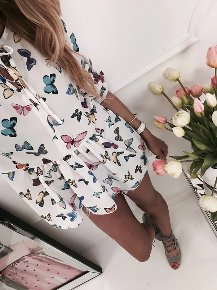 Butterfly Casual V neck mini women t shirt dress bohe chiffon women's summer casual dresses 2017women beach | Женская одежда