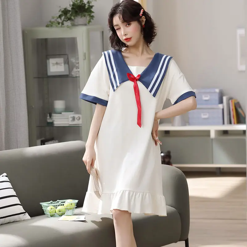 Ladies Nightdress Summer New Cotton Doll Collar Girl Cute Japanese Ins Student Uniform Pajamas Female Spring Nightgown
