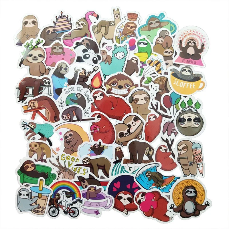 

50 PCS/ Pack Cute Sloth Cartoon Color Animal Stickers INS Style Laptop Guitar Luggage Refrigerator Waterproof Graffiti Stickers