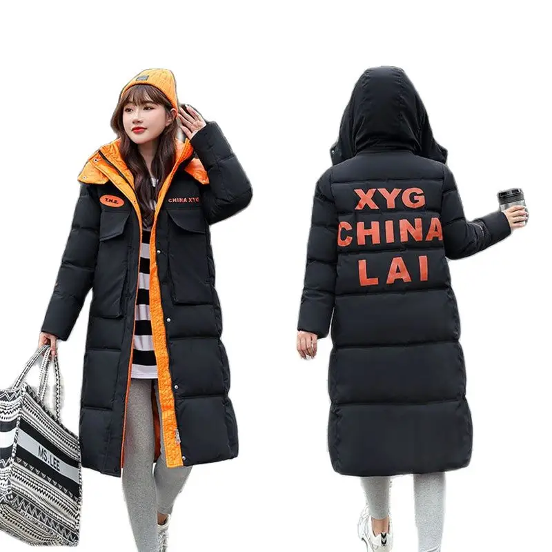 

3XL Letter Print Women Jacket 2021 Fashion New Large Size Hooded Coat Winter Female Warm Down Cotton Jacket Long Casual Parka
