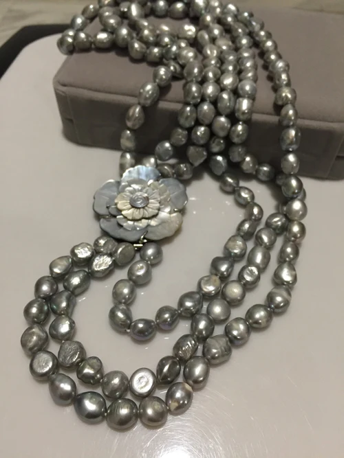 

HandNEW 3rows knotted Autumn winter essential 9-10mm Natural gray freshwater pearl necklace 20inches
