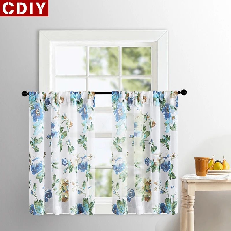 

CDIY Floral Short Curtains For Kitchen Voile Curtains For Living Room Modern Bedroom Sheer Curtains Window Screening Drapes Door