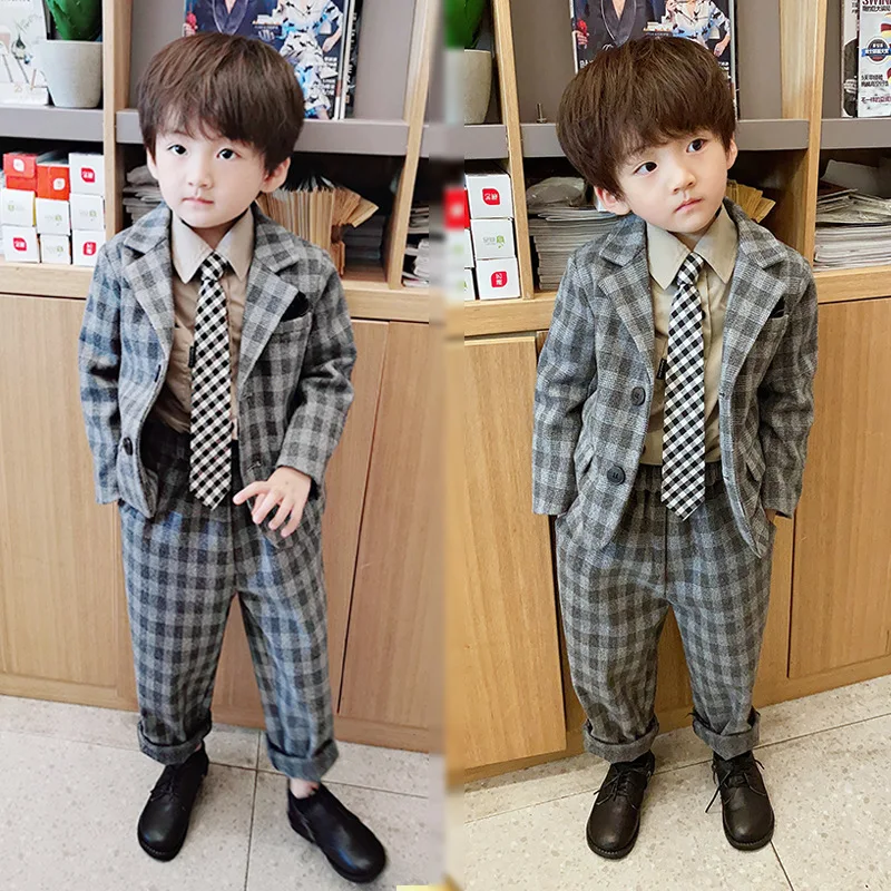 

2021 Baby Boys Blazer Suits Autumn Winter New Kids Fashion Formal Set Korean Plaid Blazer Coats Pants 2pcs Wedding Set For Boys