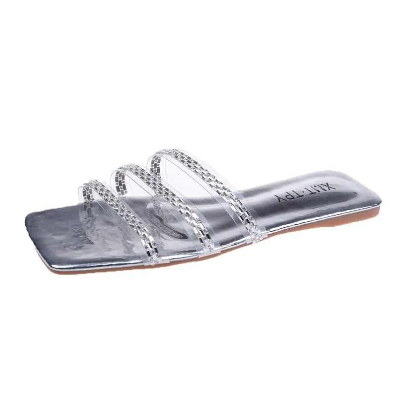

Square heel Transparent Slippers Summer Women's Shoes Pantofle Slides Jelly Flip Flops Fashion Low Block 2021 Glitter Rubber