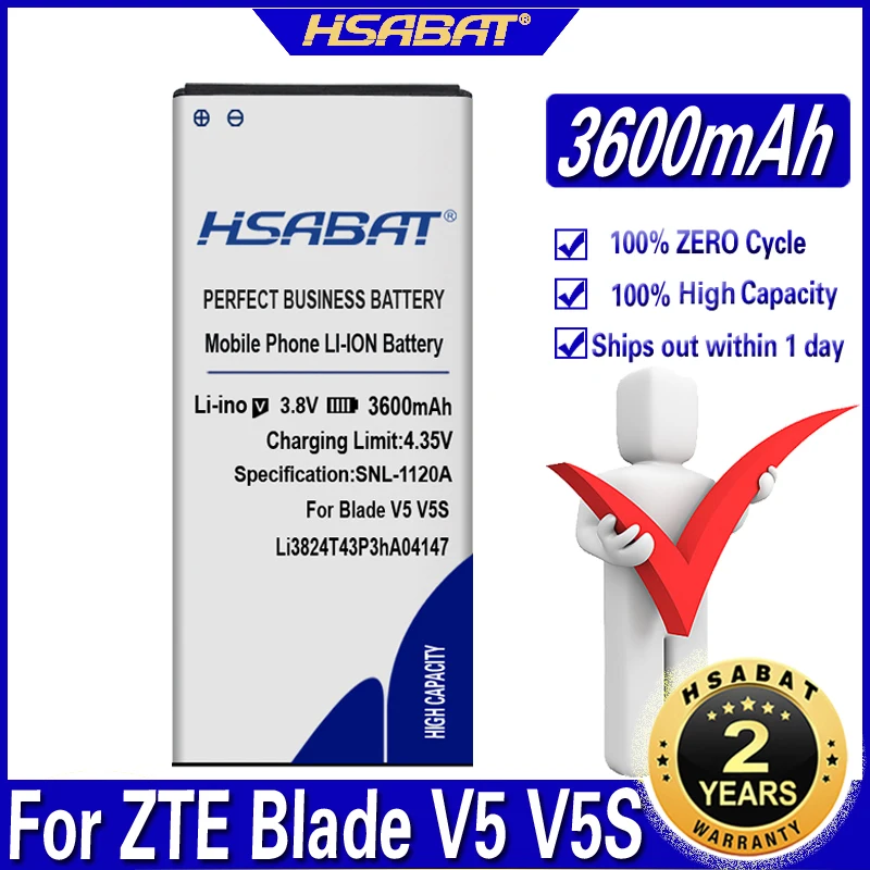 Аккумулятор HSABAT 3600 мАч Li3824T43P3hA04147 для ZTE Blade V5 V5S N9180 U9180 V9180 N918ST|battery for|battery for ztebatteries