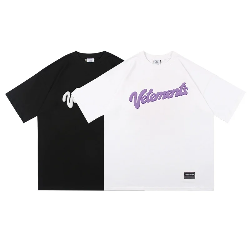 

High Summer 1:1 Quality New VETEMENTS T-Shirt Men Women Tee Purple White Letter Print Oversize VTM Hip-Hop Tops
