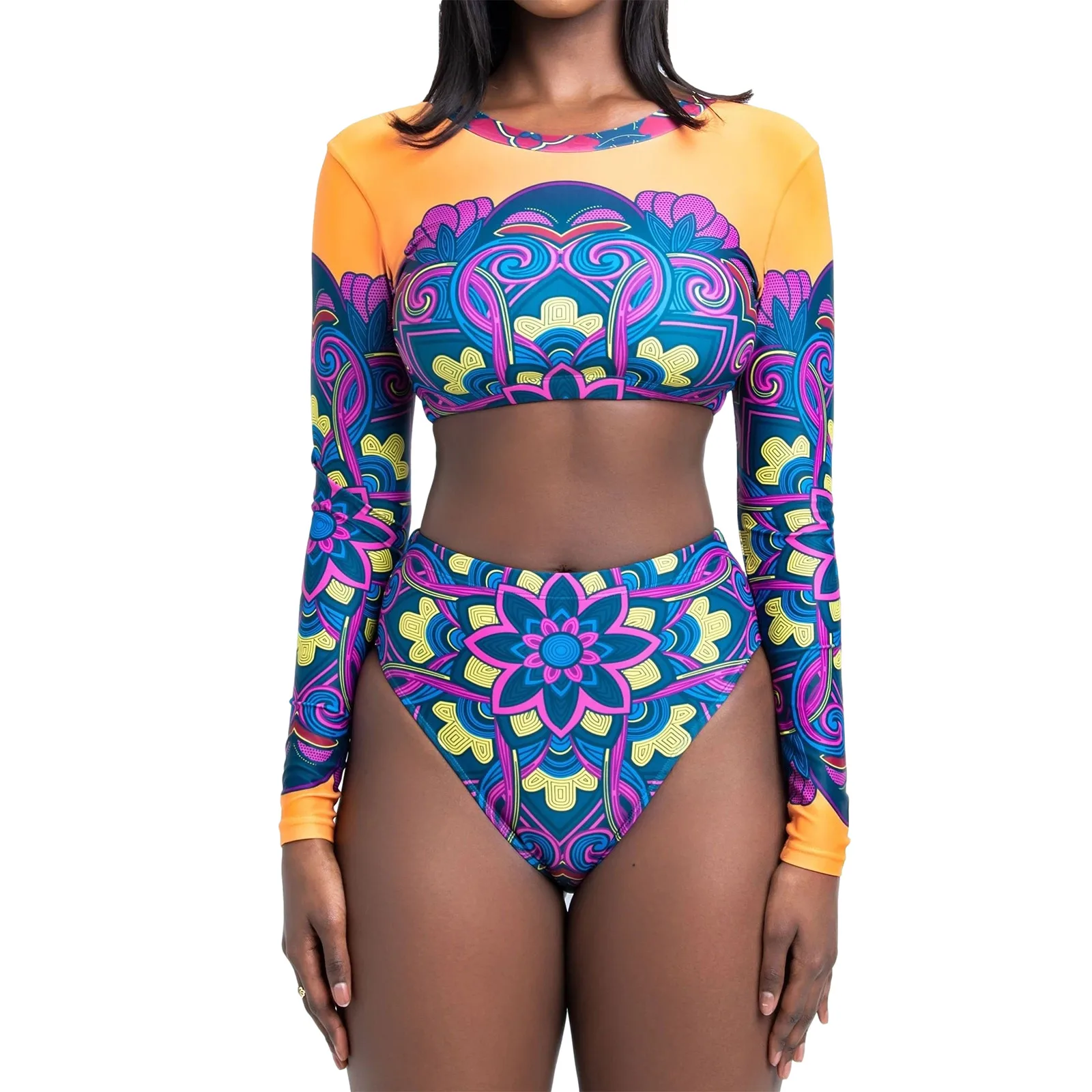 

V Women Two-piece Swimming Clothes Set, Blue Floral Printed Pattern Long Sleeve Top + Shorts