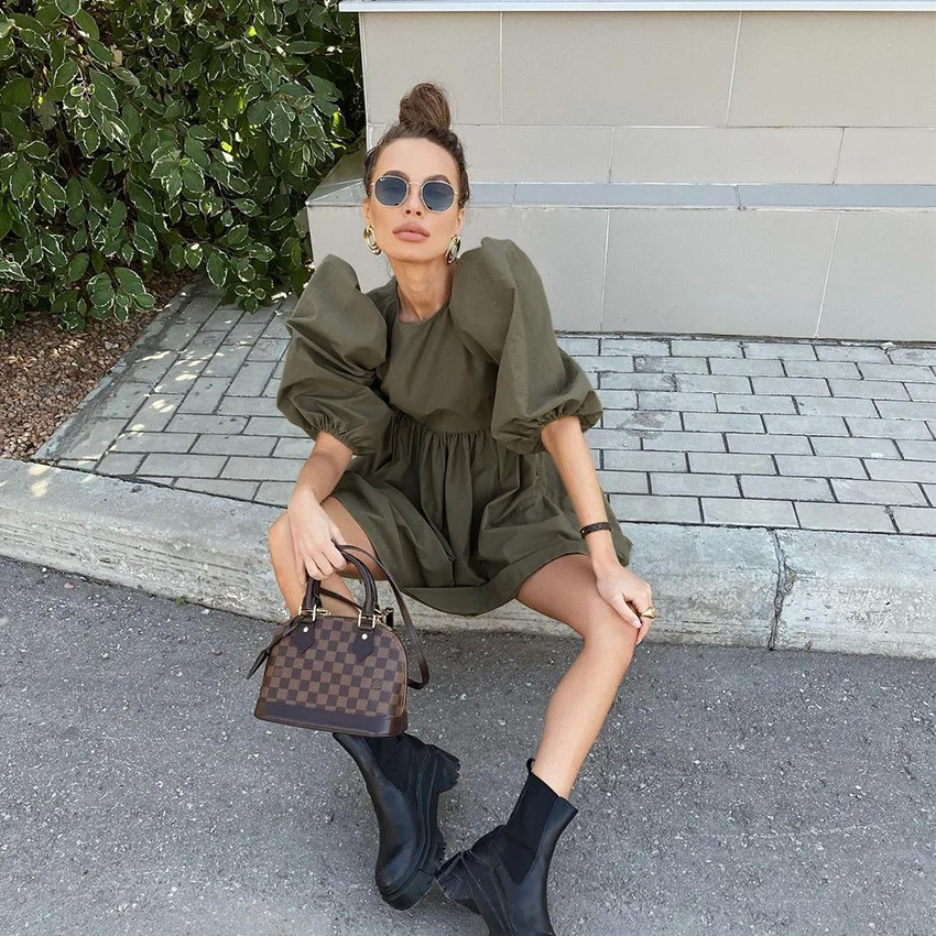 

Real Cotton Half Puff Sleeve Dress Women Elegant O-Neck Dress Streetwear Office Lady Summer Spring Clothes F535