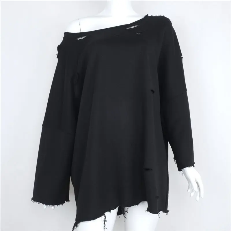 WHITNEY WANG 2019 Autumn Winter Fashion Streetwear Sexy One Shoulder Torn edges Holes Sweatshirt Women Hoodies Pullover | Женская одежда