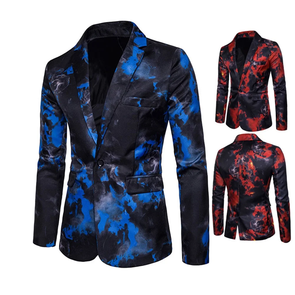 

YUNCLOS Men's Casual Suit Jacket Red Blue Flame Printing Blazer Male One Button Slim Fit Blazers Performance Clothing Masculino