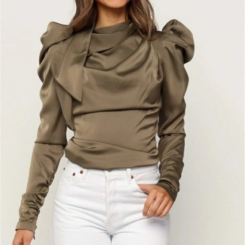 Женские атласные блузки с бантом длинным рукавом пышными рукавами рубашка