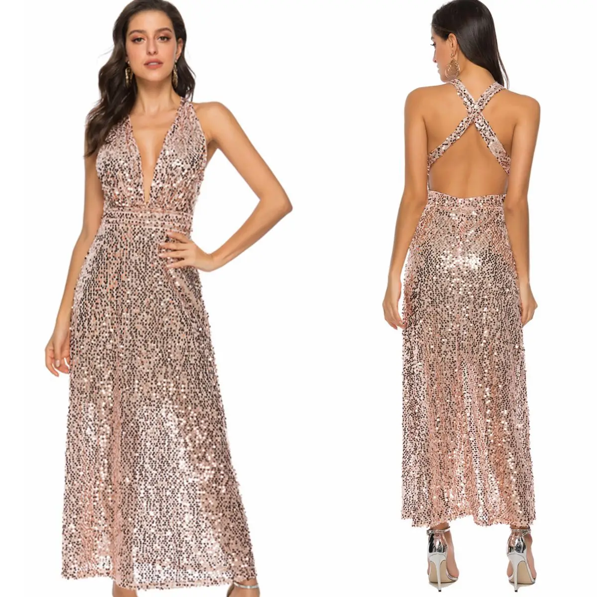 

A Line V Neck Gold Sequins Bridesmaid Dresses Cross Strap Backless Tea Length Wedding Guest Party Gown
