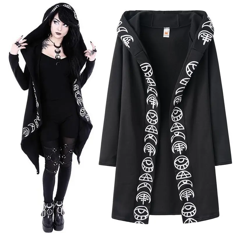 

5XL Gothic Punk Long Women Hoodies Sweatshirts 2020 Autumn Moon Print Long Sleeve Casual Zipper Jacket Black Loose Coat Hooded
