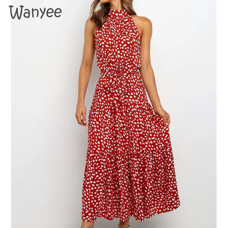 

Summer Long Lace-Up Printed Dress Polka Dot Casual Sexy Halter Strapless New 2021 Sundress Vacation Women Hanging Neck Fashion