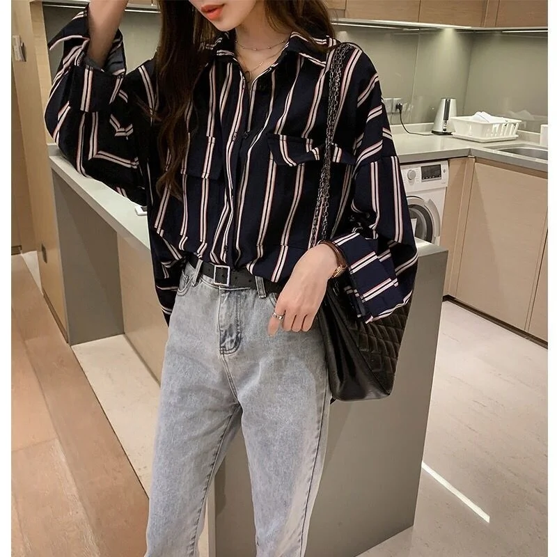 

Autumn Retro Kong Style Striped Shirt for Women