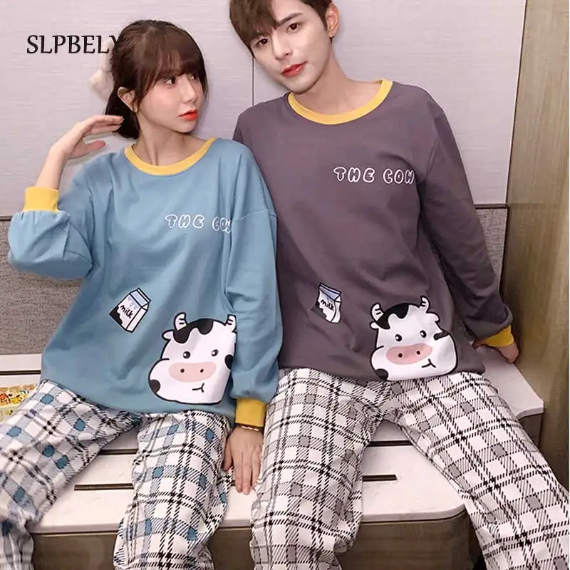 

Пижамный комплект SLPBELY для пар, домашний костюм, осенняя Пижама для влюбленных в клетку с круглым вырезом и длинным рукавом, мужская и женска...
