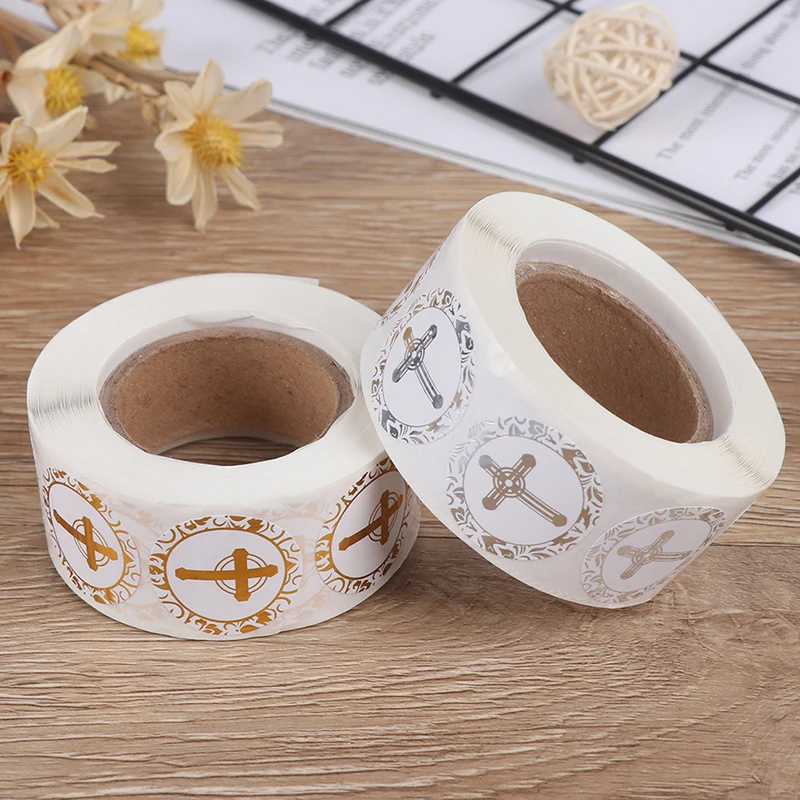 

Religious Christian Cross Stickers Gold or Silver Foil Round Labels for Christening Communion Christian Occassions Sealing