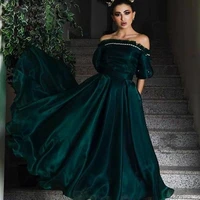 green off the shoulder prom dresses short sleeve pearls cocktail party gowns arabic dubai