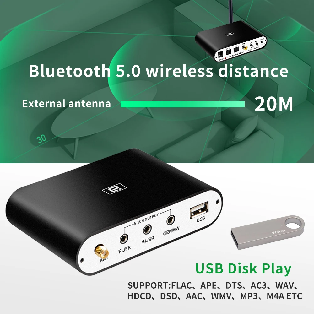 

DA615 5.1CH Audio Decoder Bluetooth 5.0 Reciever DAC Wireless Audio Adapter Optical Coaxial AUX USB Disk Play DAC DTS AC3 FLAC