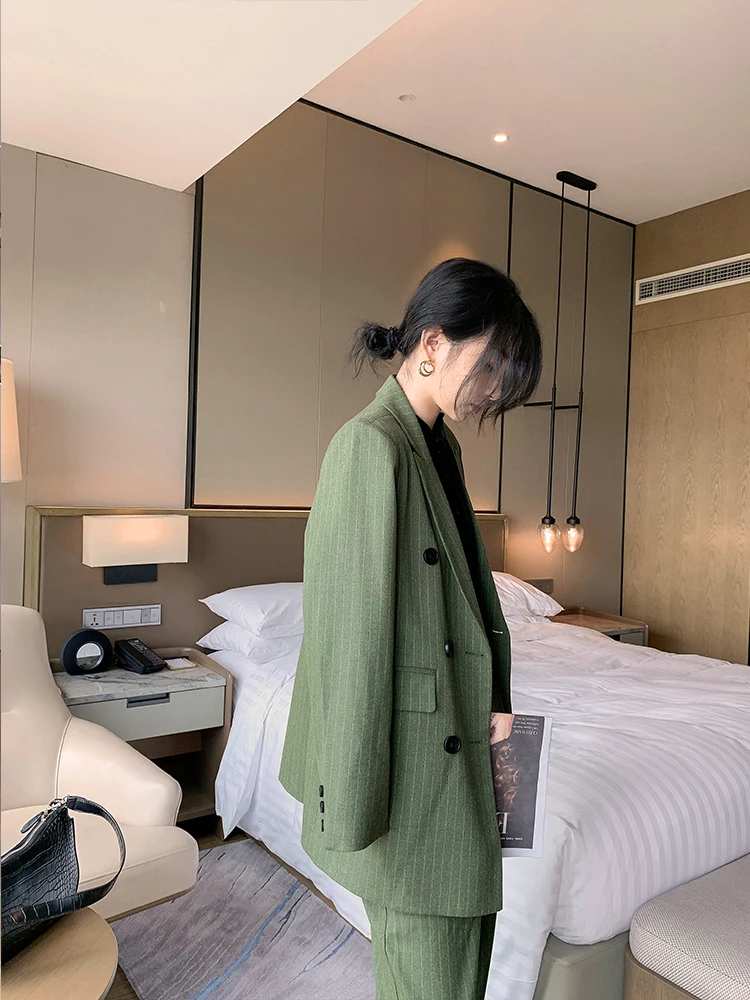 Женские Зеленые полосатые брючные костюмы блейзер с поясом куртка узкие брюки