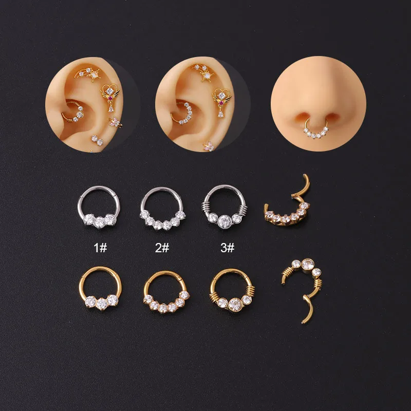 

16G Stainless Steel Piercing Septum Nose Ring Inlay Zircon Studs Earrings Tragus Cartilage Nose Cuffs Daith Ring Body Jewelry