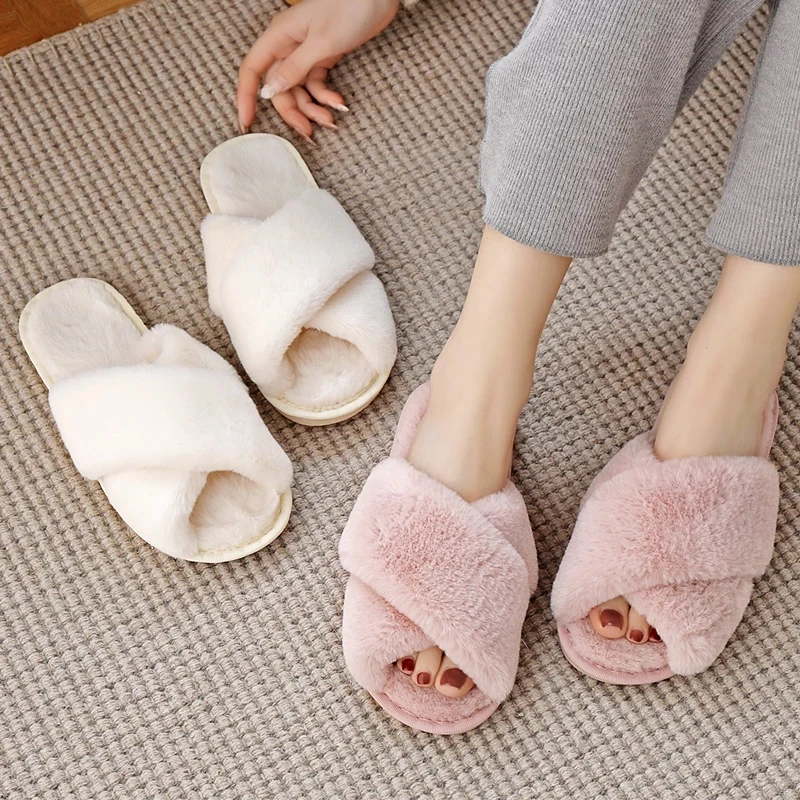 

Winter Women House Slippers Faux Fur Warm Flat Shoes Female Slip on Home Furry Ladies Slippers Size 36-43 Wholesale