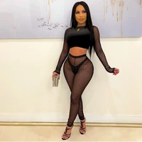 sexy sheer mesh flocking two piece pants suits women club outfits long sleeve bandage crop tops and transparent pencil leggings
