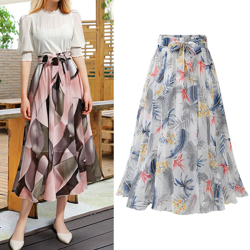 

Medium length skirt women's summer new Chiffon floral skirt high waist large size long skirt slim A-line yarn skirt