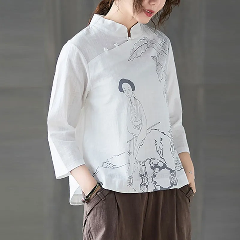 

Women Cotton Linen Blouses Shirts New Arrival 2021 Summer Chinese Style Vintage Stand CollarLoose Female Casual Tops S2977