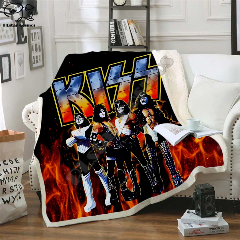 Плед для вечерние НКИ Plstar Cosmos Band KISS Rock & Roll All Nite с 3D принтом шерпа на кровати