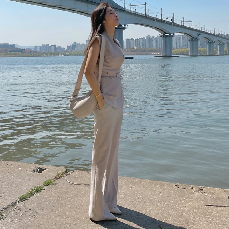 

Office Lady Summer Two Piece Set Women V-Neck Sleeveless Shirts + Wide Leg Pants Set Elegant Casual Tracksuit Slim Fit C105